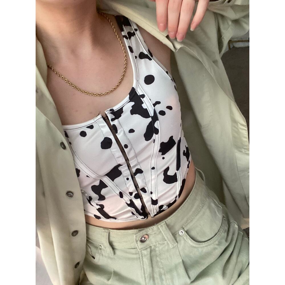 Motel cropped cow print corset top, size XS
